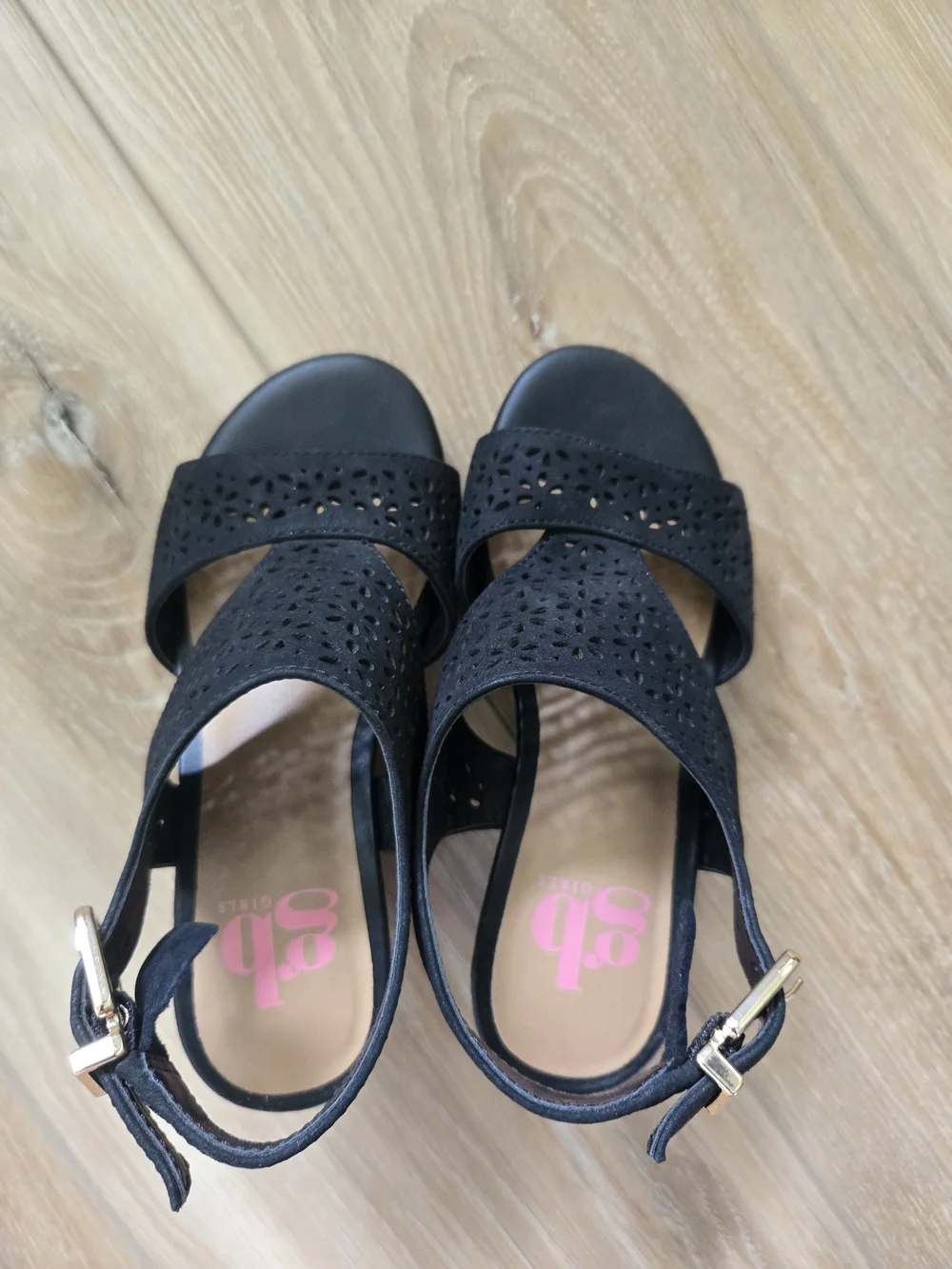 GB girls Black Laser-Cut Wedge Sandals with Gold Buckle